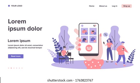Clientes que usan teléfonos móviles para comprar en línea. Compradores comprando mercadería en el sitio web de una tienda de internet. Se puede usar para el concepto de comunicación, ecommerce, venta, compra, consumismo