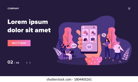 Clientes que usan teléfonos móviles para comprar en línea. Compradores comprando mercadería en el sitio web de una tienda de internet. Se puede usar para el concepto de comunicación, ecommerce, venta, compra, consumismo