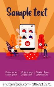 Clientes que usan teléfonos móviles para comprar en línea. Compradores comprando mercadería en el sitio web de una tienda de internet. Se puede usar para el concepto de comunicación, ecommerce, venta, compra, consumismo