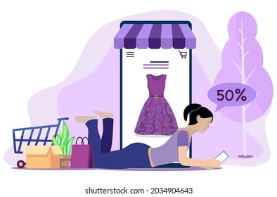 Customers using mobile phone for online shopping concept. Can be used for website, web banner, e-commerce, sale, purchase, or discount coupons. Vector illustration eps10