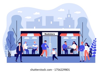 Customers visiting bookstore. Buying and reading books, student, senior people flat vector illustration. Education, knowledge, literature concept for banner, website design or landing web page