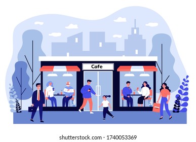 Customers walking to cafe. People of different ages enjoying lunch in diner, facade view flat vector illustration. Easing of lockdown, leisure concept for banner, website design or landing web page