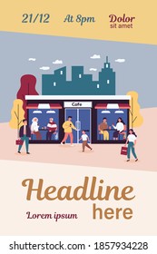 Customers walking to cafe. People of different ages enjoying lunch in diner, facade view flat vector illustration. Easing of lockdown, leisure concept for banner, website design or landing web page