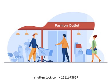 Customers walking into fashion outlet. Shoppers, entrance, cart, window flat vector illustration. Consumerism, clothes purchase, retail concept for banner, website design or landing web page