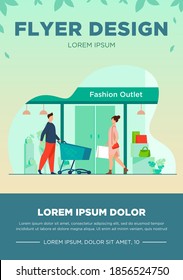 Customers walking into fashion outlet. Shoppers, entrance, cart, window flat vector illustration. Consumerism, clothes purchase, retail concept for banner, website design or landing web page