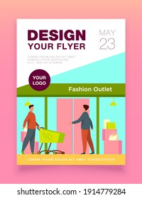 Customers walking into fashion outlet. Shoppers, entrance, cart, window flat vector illustration. Consumerism, clothes purchase, retail concept for banner, website design or landing web page