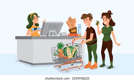 Customers who have shopped at the supermarket and are waiting to pay at the checkout. Grocery shopping, food, needs concepts.