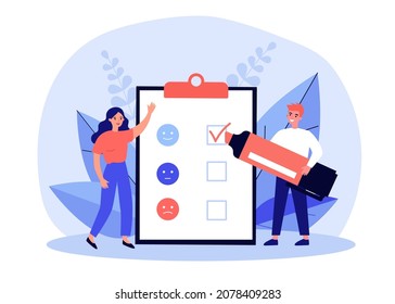 Customers working with survey list, feedback report on clipboard. Tiny man holding marker flat vector illustration. Questionnaire, priority concept for banner, website design or landing web page