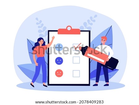 Customers working with survey list, feedback report on clipboard. Tiny man holding marker flat vector illustration. Questionnaire, priority concept for banner, website design or landing web page