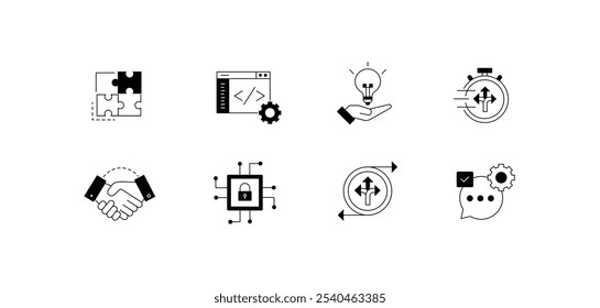 Iconos personalizables de desarrollo ágil y colaboración para soluciones de Tecnología, ingeniería y gestión de proyectos. Iconos ágiles y flexibles. Construya Tecnología patentada con soluciones personalizadas.