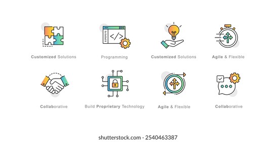 Ícones personalizáveis de colaboração e desenvolvimento ágil para soluções de tecnologia, engenharia e gerenciamento de projetos. Ícones ágeis e flexíveis. Desenvolva uma tecnologia proprietária com soluções personalizadas.