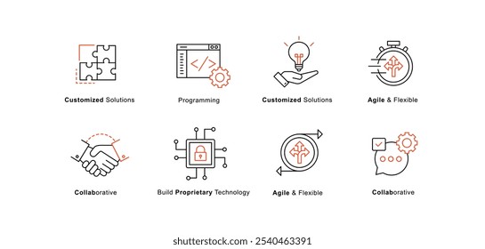 Iconos personalizables de desarrollo ágil y colaboración para soluciones de Tecnología, ingeniería y gestión de proyectos. Iconos ágiles y flexibles. Construya Tecnología patentada con soluciones personalizadas.