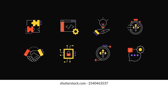 Anpassbare Symbole für agile Entwicklung und Zusammenarbeit für Technologielösungen, Engineering und Projektmanagement. Agile und flexible Symbole. Entwickeln Sie proprietäre Technologie mit kundenspezifischen Lösungen.