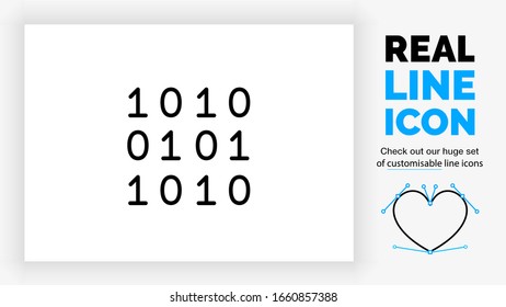 customisable real line icon of a computer language for digital development in ones and zeros depicting binary code with black lines on a white background