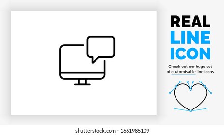 customisable real line icon of a computer with a magnifying glass as search symbol in a digital online browser environment with black rounded lines on a white background