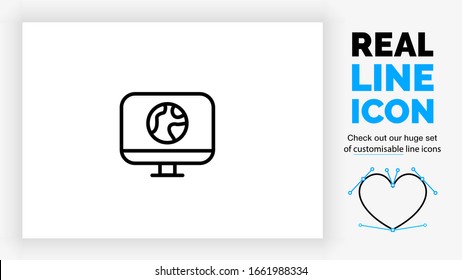 Customisable Real Line Icon Of A Computer Standing With Internet Symbol On Screen Depicted By World Globe For Online Global Connection With Black Rounded Lines On A White Background