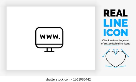 customisable real line icon of a computer standing with internet symbol on screen for browser and digital online interface with black rounded lines on a white background