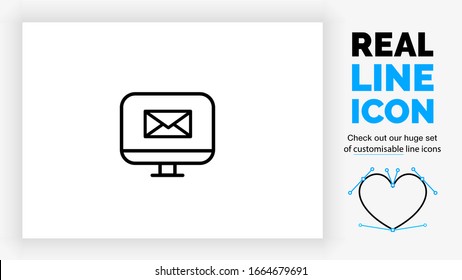 customisable real line icon of a computer standing with a envelop used as a email symbol for sending or receiving an online message on a pc screen in a black modern clean design style