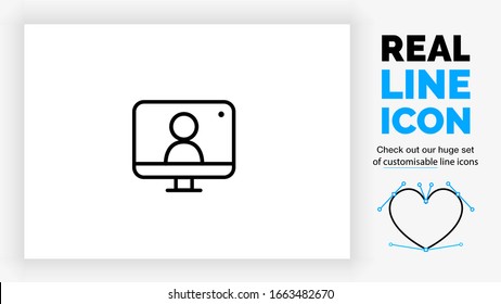 customisable real line icon of a desktop computer with a live broadcast on a social streaming channel with a symbol of a person having a video call or online conference meeting on a white background