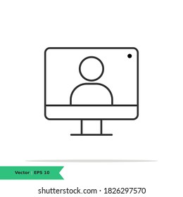customisable real line icon of a desktop computer with a live broadcast on a social streaming channel with a symbol of a person having a video call or online conference meeting. Vector Line Icon EPS 1