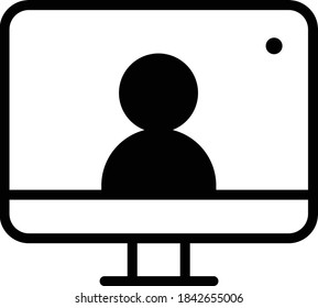 customisable real line icon of a desktop computer with a live broadcast on a social streaming channel with a symbol of a person having a video call or online conference meeting