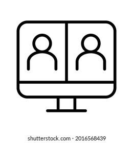 customisable real line icon of a desktop computer with a live broadcast on a social streaming channel with a symbol of a person having a video call or online conference meeting color editable