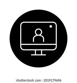 customisable real line icon of a desktop computer with a live broadcast on a social streaming channel with a symbol of a person having a video call or online conference meeting color editable