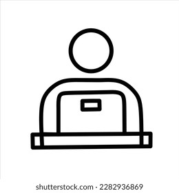 customisable real line icon of a desktop computer with a live broadcast on a social streaming channel with a symbol of a person having a video call or online conference meeting on a white background