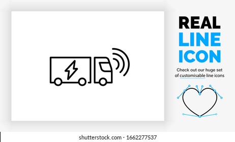 customisable real line icon of a electric modern self driving truck with cyber sensor for the ai to drive on in black lines on a white background