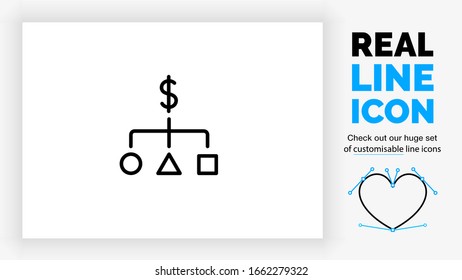 customisable real line icon of a flow chart with a square, triangle and circle split by lines to organise and structure the value of the dollar $ in black rounded lines on a white background