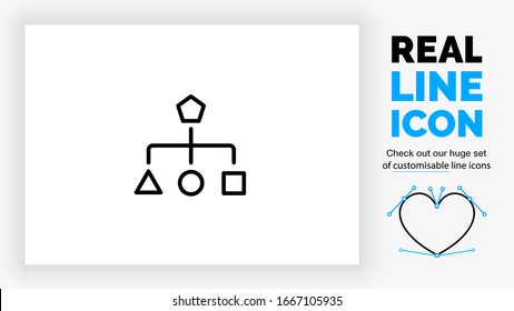 customisable real line icon of a flow chart with a square, triangle and circle split by lines to organise and structure information about a company or organisation in a modern and clean design