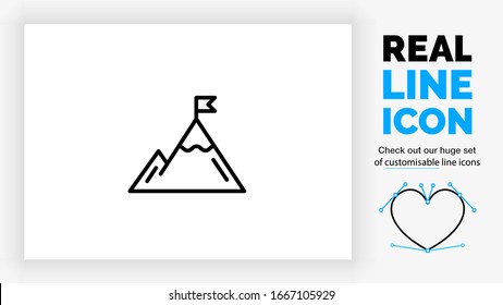 customisable real line icon of a mountain for achieving a goal by putting a flag on top of the peak in a modern and clean vector logo design style on a white background