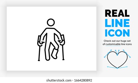 customisable real line icon of people called a stick figure symbol in black outline with a broken leg with a casket by a work injury covered by insurance in black rounded lines on a white background