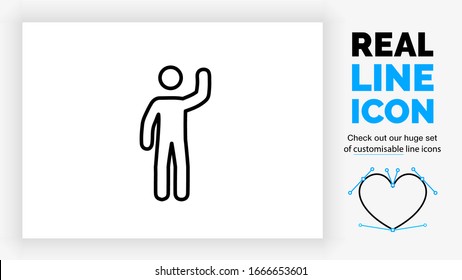 Customisable Real Line Icon Of People Called Stick Figure In Black Outline Standing And Waving With His Hand In Black Rounded Symbol Lines On A White Background