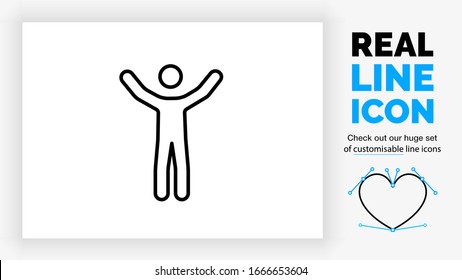 customisable real line icon of people called a stick figure symbol in black outline cheering with his hand up in the air in a modern clean light stroke design on a white background 