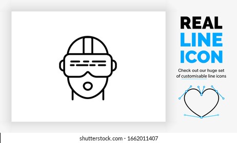 customisable real line icon of a person amazed with open mouth by virtual reality or VR watching a video or game in black lines on a white background