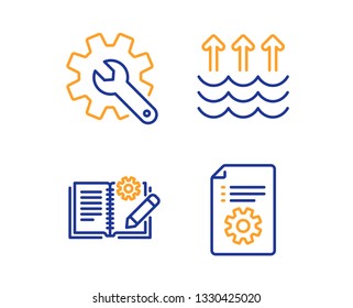 Customisation, Evaporation and Engineering documentation icons simple set. Technical documentation sign. Settings, Global warming, Manual. Industrial set. Linear customisation icon. Vector