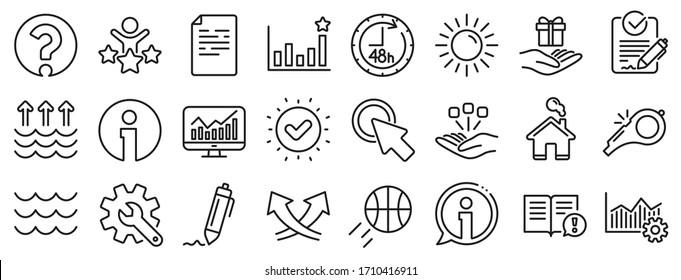 Personalización, Calentamiento global, iconos de signos de interrogación. Olas, sol, iconos de la línea de eficacia. Firma Rfp, Información, Eficacia. Olas, Consolidación, Excelencia Operativa. Cuestión, silbato. Vector