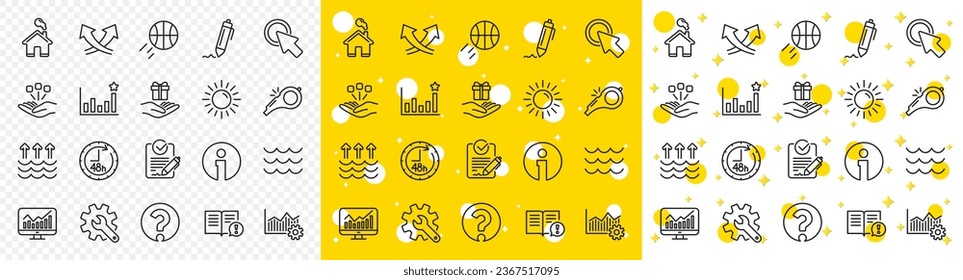 Customisation, Global warming, Question mark icons. Waves, sun, efficacy line icons. Signature Rfp, Information, Efficacy. Waves, Consolidation, Operational excellence. Question mark, whistle. Vector