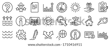 Customisation, Global warming, Question mark icons. Waves, sun, efficacy line icons. Signature Rfp, Information, Efficacy. Waves, Consolidation, Operational excellence. Question mark, whistle. Vector Foto d'archivio © 