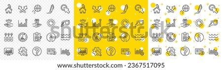 Customisation, Global warming, Question mark icons. Waves, sun, efficacy line icons. Signature Rfp, Information, Efficacy. Waves, Consolidation, Operational excellence. Question mark, whistle. Vector Foto d'archivio © 