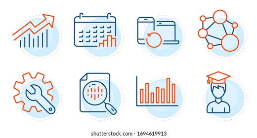 Customisation, Integrity and Demand curve signs. Recovery devices, Bar diagram and Analytics chart line icons set. Student, Calendar graph symbols. Backup data, Statistics infochart. Vector