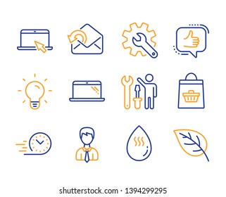 Customisation, Light bulb and Online buying icons simple set. Like, Portable computer and Repairman signs. Businessman, Fast delivery and Laptop symbols. Hot water, Send mail and Leaf. Vector