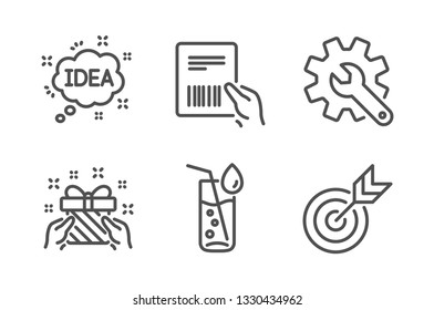 Customisation, Parcel invoice and Gift icons simple set. Water glass, Idea and Target signs. Settings, Delivery document. Business set. Line customisation icon. Editable stroke. Vector