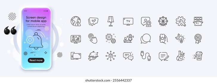 Customisation, Shipment and Analytics graph line icons for web app. Phone mockup gradient screen. Pack of Write, Podcast, Notification bell pictogram icons. Vector