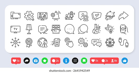 Customisation, Shipment and Analytics graph line icons pack. Social media: share, comment, like icons. Write, Podcast, Notification bell web icon. Vector