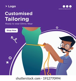Customised tailoring banner design. Tailor is measuring girl from waist for dress. Vector graphic illustration.