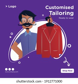 Diseño personalizado de banner de sastrería. El sastre tiene el abrigo en la mano. Ilustración gráfica vectorial.
