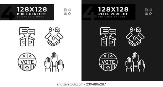 Customizable 2D pixel perfect icons set representing election, isolated vector illustration for dark and light mode, editable voting signs.