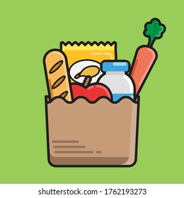 Customizable, arrangable, vector illustration  of a a brown grocery or supermarket shopping bag with bottled milk, carrots, baguette bread, apple, and potato chips on a flat background